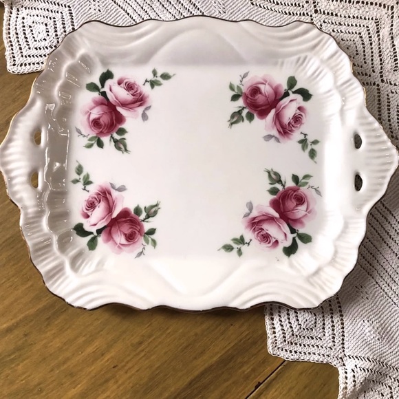 Golden Crown Small Serving Plate 9” Pink Roses E&R Germany Gold Trim Handles - Picture 4 of 10